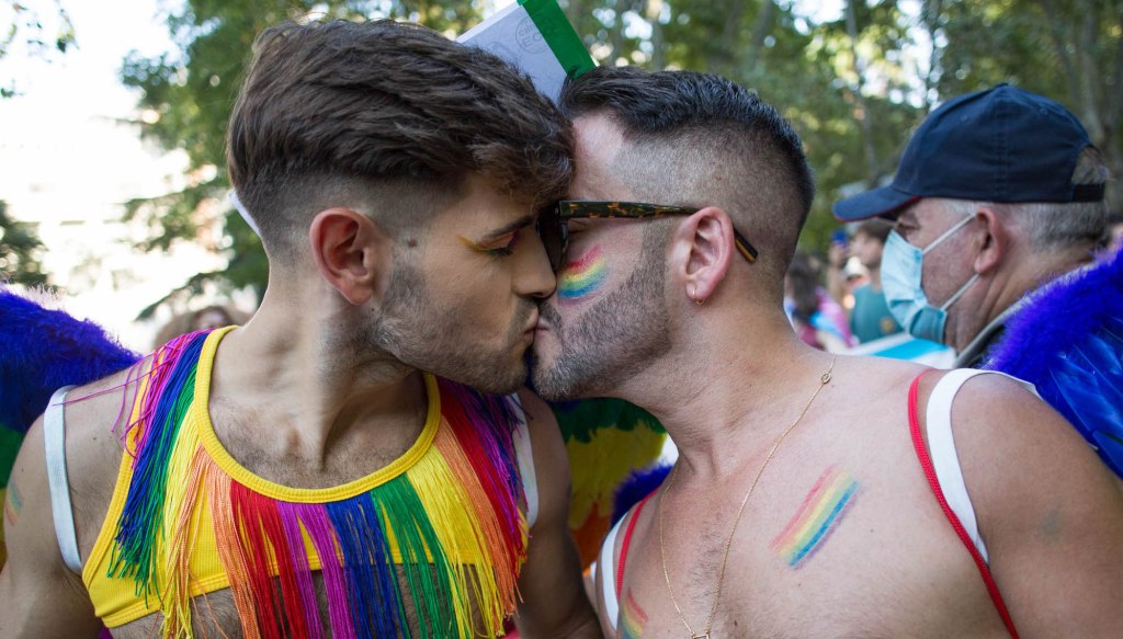 A gay or queer couple kissing