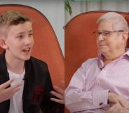 78-year-old Percy (right) and 13-year-old Louis (left) on an orange sofa talking about how they each experienced growing up and living as gay.