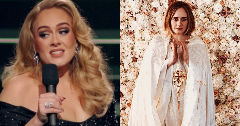 Adele holding a microphone in a black gown during her ITV show / Adele in a long white cape in front of a wall of flowers at Alan Carr's wedding