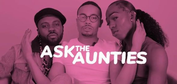 This is a decorative image of 3 Black men. They are posing for the camera and there is a pink overlay. There is also text that reads "Ask the Aunties" in white.