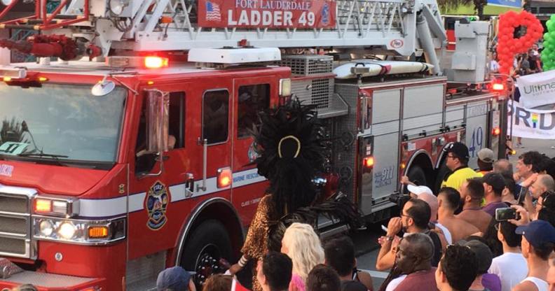 A fire truck takes part in Fort Lauderdale Gay Pride, where two people were stabbed on Sunday.