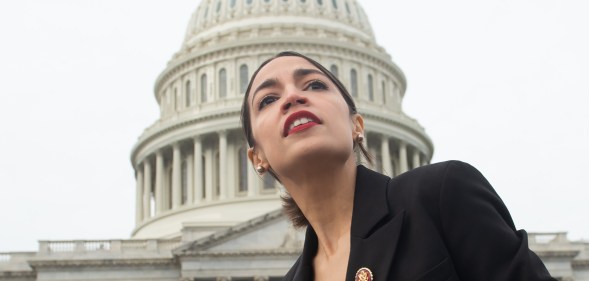 US Representative Alexandria Ocasio-Cortez, Democrat of New York, leaves a photo opportunity with the female Democratic members of the 116th US House of Representatives outside the US Capitol in Washington, DC, January 4, 2019.