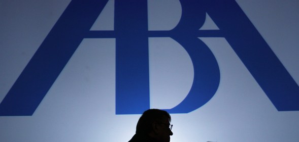 Delegates look on as U.S. Supreme Court justice Ruth Bader Ginsburg speaks during the American Bar Association (ABA) House of Delegates meeting August 9, 2010 in San Francisco, California.