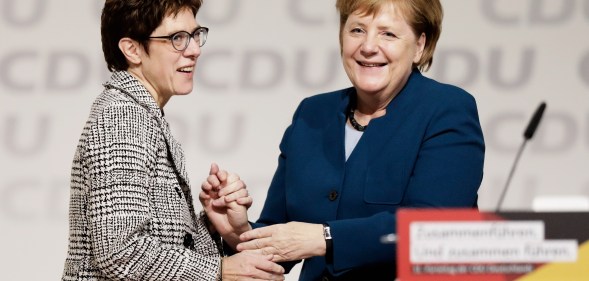 Annegret Kramp-Karrenbauer is congratulated by Angela Merkel after receiving the most votes to become the next leader of the German Christian Democrats (CDU) at a federal congress of the CDU on December 7, 2018 in Hamburg, Germany.