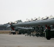 Eurofighter Typhoon aircraft, produced by British arms manufacturer BAE Systems, are pictured at RAF Coningsby in Lincolnshire north east England, on April 27, 2011.