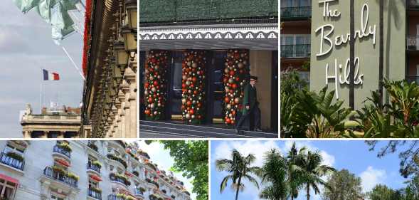 Brunei hotels boycott: Five of the nine Dorchester Collection hotels owned by Brunei: (top L-R) Hotel Meurice in Paris, The Dorchester in London, The Beverly Hills Hotel in Los Angeles, (bottom L-R) The Hotel Plaza Athenee in Paris and The Hotel Bel-Air in Los Angeles.