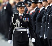 Metropolitan Police Commissioner Cressida Dick inspect police cadets at the Metropolitan Police Service Passing Out Parade to mark the graduation of 182 new recruits from the Metropolitan Police Academy, at Hendon, northwest London on November 3, 2017.