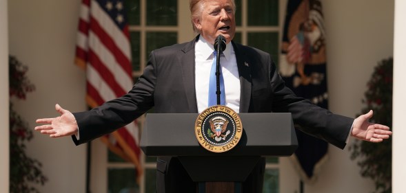 US President Donald Trump delivers remarks during a National Day of Prayer service in the Rose Garden at the White House May 02, 2019 in Washington, DC.