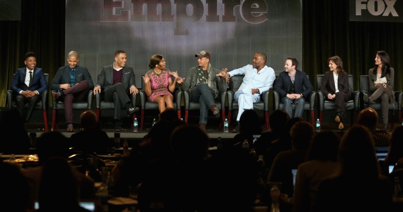 Empire actors Bryshere Gray, Jussie Smollett; Trai Byers, Taraji P. Henson, Terrence Howard, creators Lee Daniels and Danny Strong and executive producers Ilene Chaiken and Francie Calfo speak onstage during the 'Empire' panel discussion in 2015.