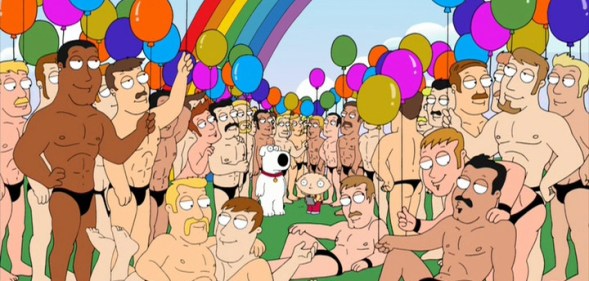 2009 Family Guy episode "Road to the Multiverse" featured the Universe of Homosexual Men, populated by naked gay men