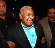 Frank Bainimarama speaks to Fiji First Party supporters as he leaves the Fiji Festival in 2014