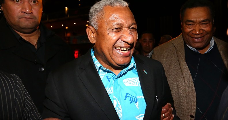 Frank Bainimarama speaks to Fiji First Party supporters as he leaves the Fiji Festival in 2014