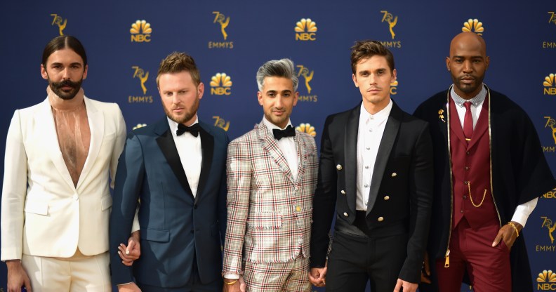 Photo of the queer Eye Fab Five Jonathan Van Ness, Bobby Berk, Tan France, Antoni Porowski, and Karamo Brown attend the 70th Emmy Awards at Microsoft Theater on September 17, 2018 in Los Angeles, California.