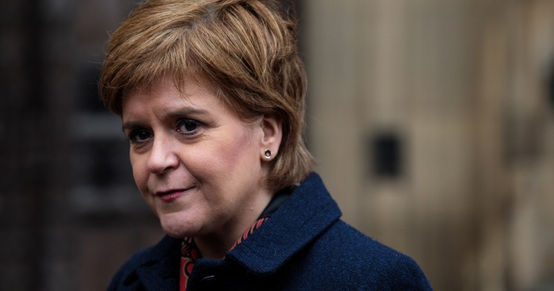 Scottish First Minister Nicola Sturgeon, who has defended transgender rights, speaks to media outside the Houses of Parliament on January 16, 2019 in London, England.