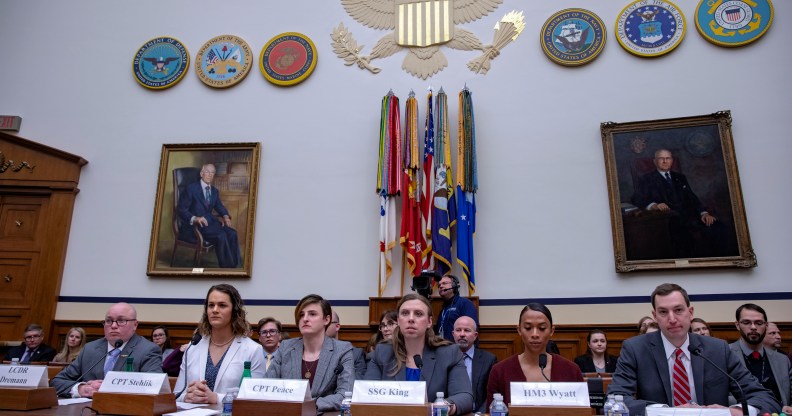 Transgender troops Navy Lt. Commander Blake Dremann, Army Capt. Alivia Stehlik, Army Capt. Jennifer Peace, Army Staff Sgt. Patricia King, Navy Petty Officer 3rd Class Akira Wyatt, and Dr. Jesse M. Ehrenfeld, chair-elect of the American Medical Association Board of Trustees speak at the Military Personnel Subcommittee hearing on "Transgender Service Policy."