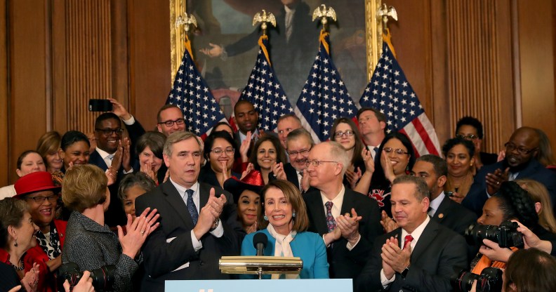 House Speaker Nancy Pelosi speaks during a news conference where House and Senate Democrats introduced the Equality Act of 2019 which would ban discrimination against lesbian, gay, bisexual and transgender people, on March 13, 2019 in Washington, DC.