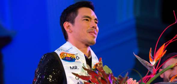 Newly crowned Mr Gay World, Janjep Carlos acknowledges the applause during the Mr Gay World contest in Cape Town on May 4, 2019.