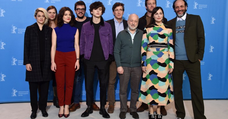 André Aciman, who has unveiled the cover of Call me By Your Name's sequel Find Me, poses with cast and producers of 'Call Me by Your Name' during the 67th Berlinale International Film Festival Berlin at Grand Hyatt Hotel on February 13, 2017 in Berlin, Germany.