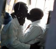 Two men share a kiss in Nairobi, Kenya