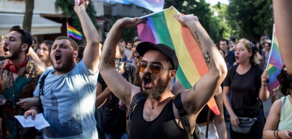 ISTANBUL, TURKEY - JUNE 25: LGBT supporters march towards Taksim Square on June 25, 2017 in Istanbul, Turkey. The 2017 LGBT Pride March was banned by authorities for the third year. Organisers defied the order and people attempted to march to Taksim Square but were met by a heavy police presence and the crowd was dispersed by tear gas and several people were arrested. (Photo by Chris McGrath/Getty Images)