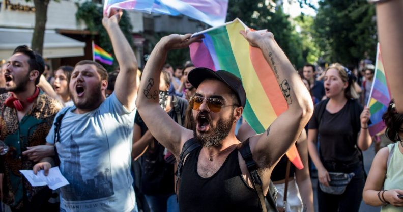 ISTANBUL, TURKEY - JUNE 25: LGBT supporters march towards Taksim Square on June 25, 2017 in Istanbul, Turkey. The 2017 LGBT Pride March was banned by authorities for the third year. Organisers defied the order and people attempted to march to Taksim Square but were met by a heavy police presence and the crowd was dispersed by tear gas and several people were arrested. (Photo by Chris McGrath/Getty Images)