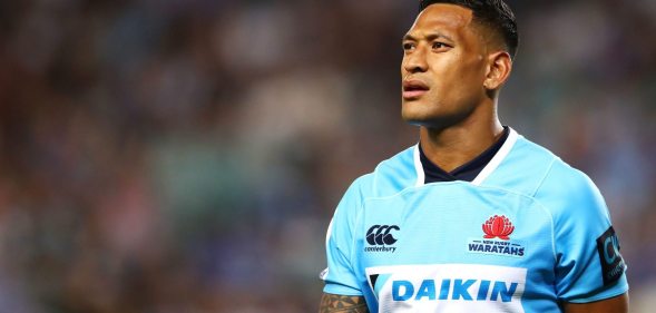 SYDNEY, NEW SOUTH WALES - FEBRUARY 24: Israel Folau of the Waratahs watches on during the round two Super Rugby match between the Waratahs and the Stormers at Allianz Stadium on February 24, 2018 in Sydney, Australia. (Photo by Mark Kolbe/Getty Images)