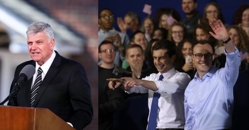 L - Franklin Graham, R - Presidential hopeful Pete Buttigieg with his husband Chasten