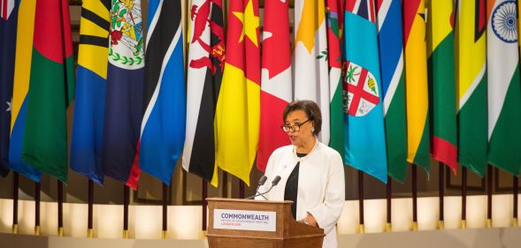 Commonwealth Secretary-General Patricia Scotland gives a speech at the formal opening of the Commonwealth Heads of Government Meeting