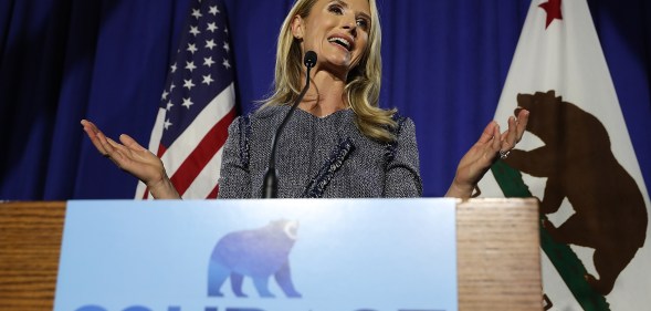 Jennifer Siebel Newsom, who has adopted the title of 'first aprtner' in a bid for equality, speaks at her husband's Gavin Newsom primary election night gathering on June 5, 2018 in San Francisco, California.