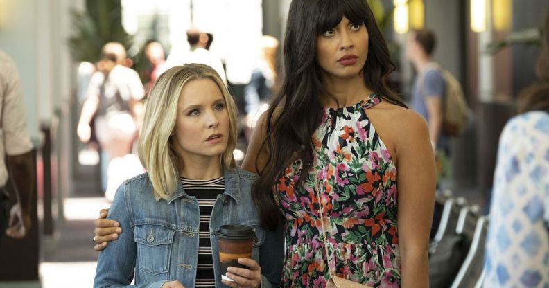 Eleanor Shellstrop (Kristen Bell) with Tahani Al-Jamil (Jameela Jamil) on The Good Place