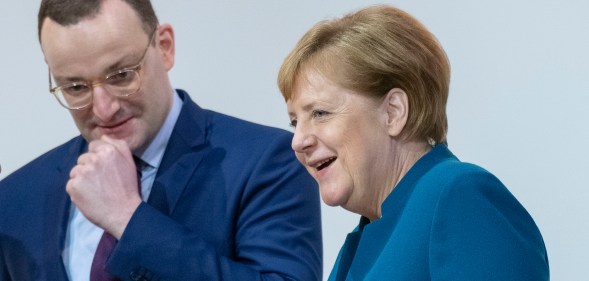 Jens Spahn and the German Chancellor Angela Merkel pictured at the federal executive board meeting on December 7, 2018 in Hamburg, Germany.