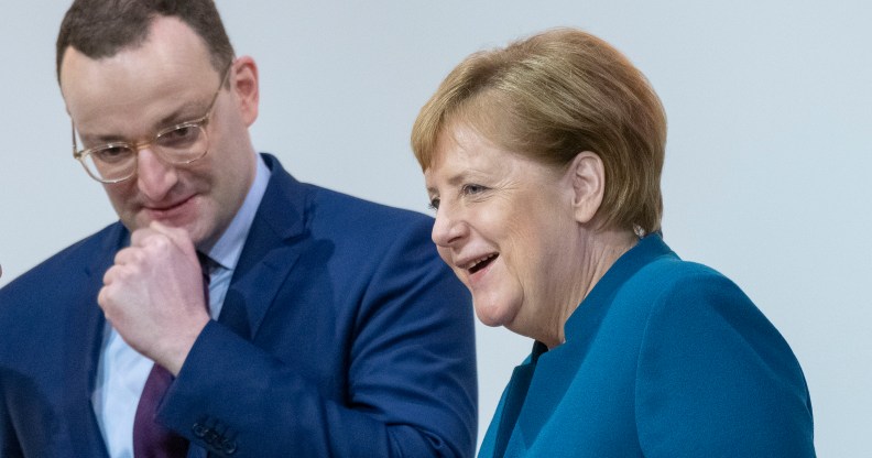 Jens Spahn and the German Chancellor Angela Merkel pictured at the federal executive board meeting on December 7, 2018 in Hamburg, Germany.