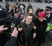 Guardian journalist Owen Jones is confronted by protesters in central London