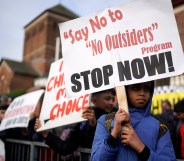 Protestors outside of Parkfield School, Birmingham