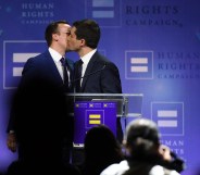 Chasten Glezman Buttigieg kisses his husband, South Bend, Indiana Mayor Pete Buttigieg, after he delivered a keynote address at the Human Rights Campaign's (HRC) 14th annual Las Vegas Gala at Caesars Palace on May 11, 2019 in Las Vegas, Nevada.