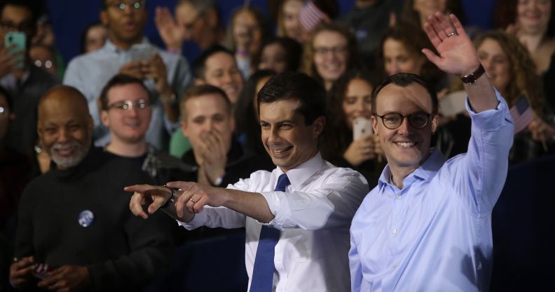 South Bend Mayor Pete Buttigieg acknowledges attendees with his husband Chasten Buttigieg after announcing his presidential candidacy for 2020 during an event on Sunday, April 14, 2019 in South Bend, Indiana.