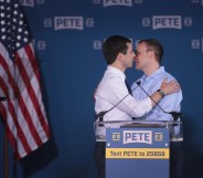 South Bend Mayor Pete Buttigieg greets his husband Chasten after announcing that he will be seeking the Democratic nomination for president during a rally in the old Studebaker car factory on April 14, 2019 in South Bend, Indiana.