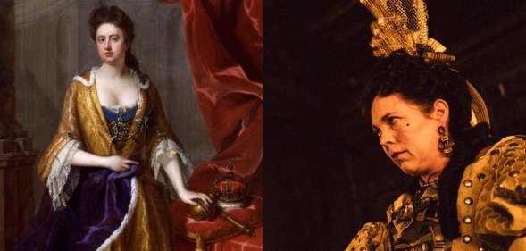 Painting of Queen Anne in the 18th century next to Olivia Colman as Queen Anne in The Favourite, a tale about a LGB monarch