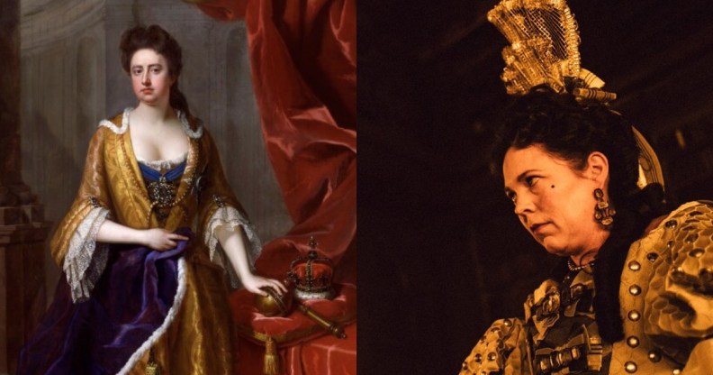 Painting of Queen Anne in the 18th century next to Olivia Colman as Queen Anne in The Favourite, a tale about a LGB monarch