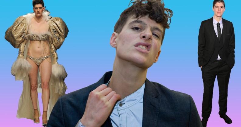 Non-binary model Rain Dove in a dress and in a suit