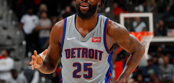 Reggie Bullock #25 of the Detroit Pistons reacts during the game against the Atlanta Hawks at Philips Arena on February 11, 2018 in Atlanta, Georgia.