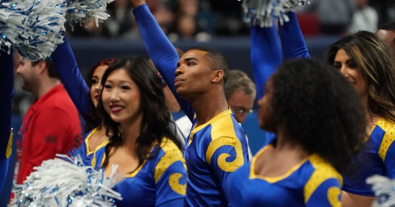 Rams cheerleader Napoleon Jinnies performs with other cheerleaders during Super Bowl LIII between the New England Patriots and the Los Angeles Rams at Mercedes-Benz Stadium in Atlanta, Georgia, on February 3, 2019