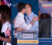 L - Donald Trump kisses his wife, Melania Trump. C - Pete Buttigieg and Chasten Buttigieg apparently make a brazen political statement. R - Bernie Sanders kisses his wife, Jill Sanders.