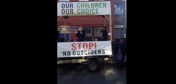 One woman who was invited on stage to address the crowd protesting outside the Birmingham school introduced herself as Dr. Lisa Nolland of the Anglican Mainstream.