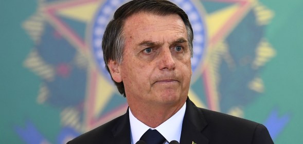 Brazilian President Jair Bolsonaro delivers a speech during the appointment ceremony of the new heads of public banks, at Planalto Palace in Brasilia on January 7, 2019