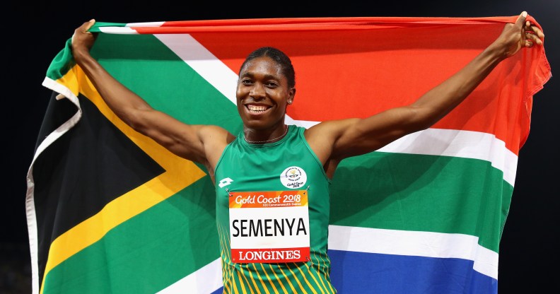 Caster Semenya of South Africa races to the line to win the Women's 800 meters during the IAAF Diamond League event at the Khalifa International Stadium on May 03, 2019 in Doha, Qatar.