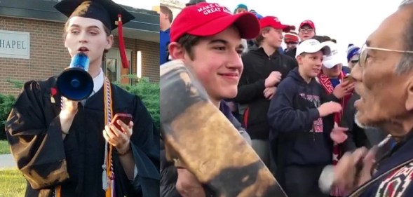 L - Gay valedictorian Christian Bales gives a speech after being barred from the official graduation ceremony at his school, run by the Diocese of Covington. R - Nick Sandmann confronts Native American Nathan Phillips