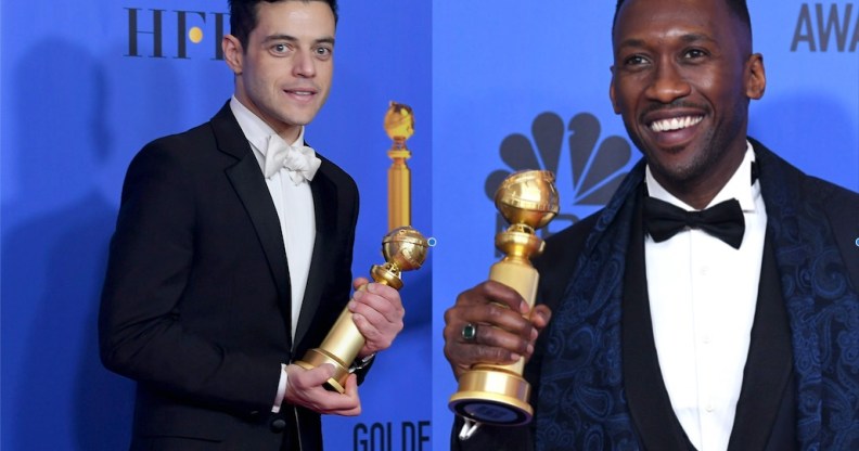 Best Actor in a Motion Picture Drama for 'Bohemian Rhapsody' winner Rami Malek (L) and Best Actor in a Supporting Role in any Motion Picture for 'The Green Book' winner Mahershala Ali (R).