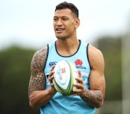 Israel Folau watches on during a Waratahs Super Rugby training session at David Phillips Sports Complex on March 25, 2019 in Sydney, Australia.