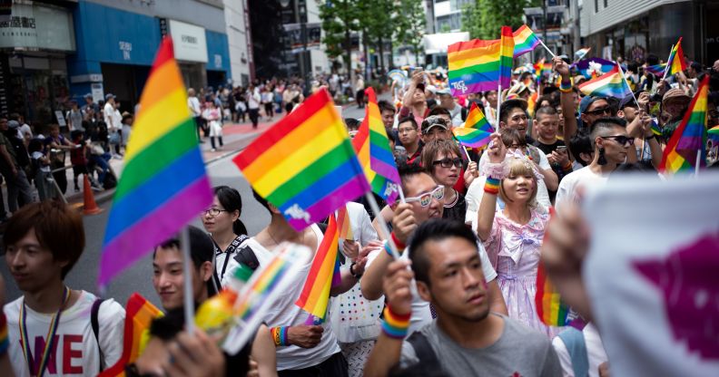 People in Japan attend the annual Tokyo Rainbow Parade in Tokyo, on May 6, 2018, to show support for lesbian, gay, bisexual and transgender people